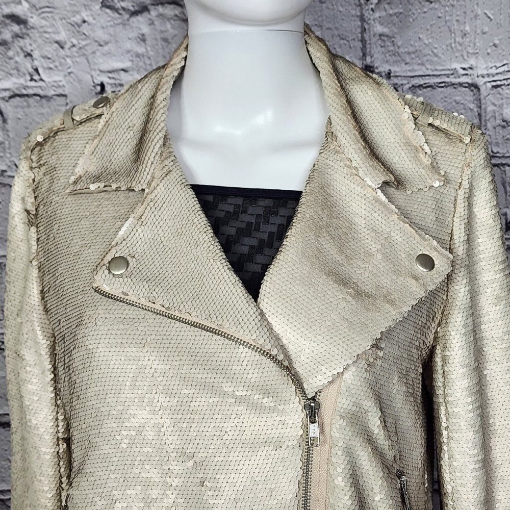 Anthropologie Greylin Ivory Sequin Moto Jacket, Women's Large